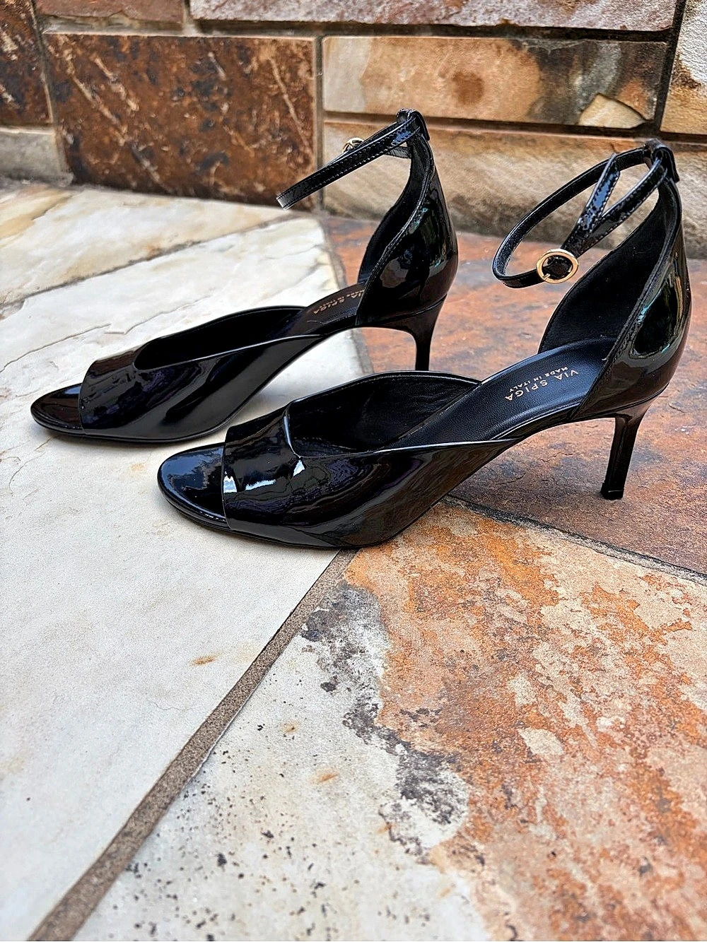 Via Spiga Patent Ankle Strap Heels in Black